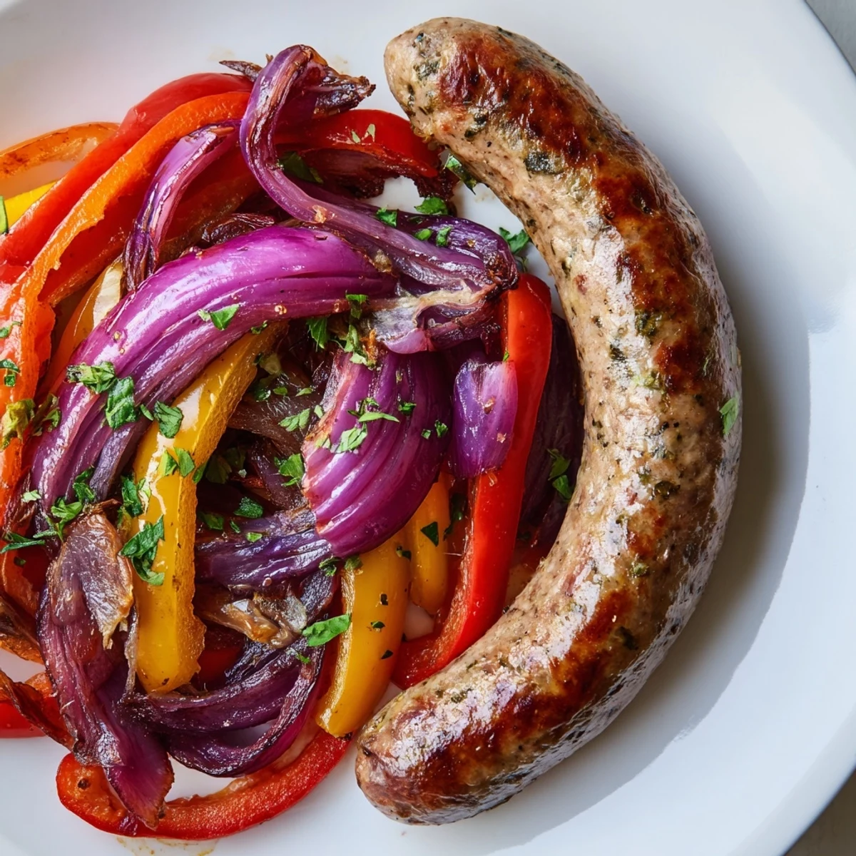 Roasted Sheet Pan Beef Sausage and Peppers with Onions glistening with olive oil and oregano.