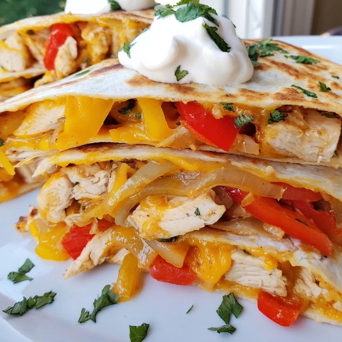 Golden, crispy Chicken Quesadillas with Peppers, Onions, and Cheese are sliced into wedges, showing melted cheese and seasoned chicken.