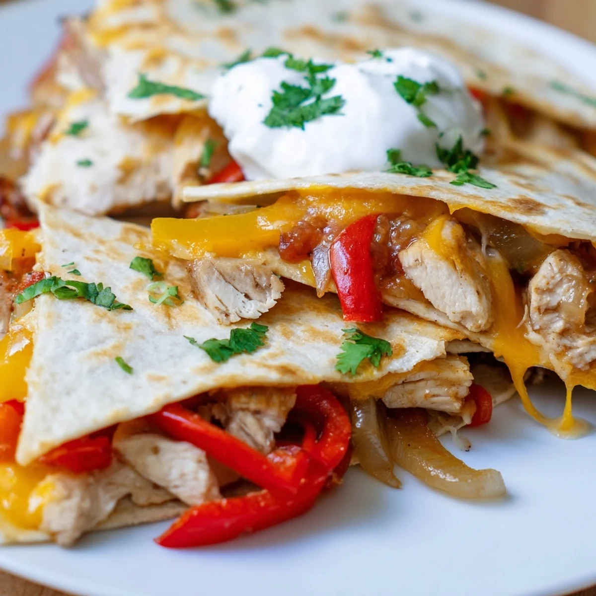 Skillet-fried Chicken Quesadillas with Peppers, Onions, and Cheese feature golden tortillas packed with sautéed veggies and shredded cheese.