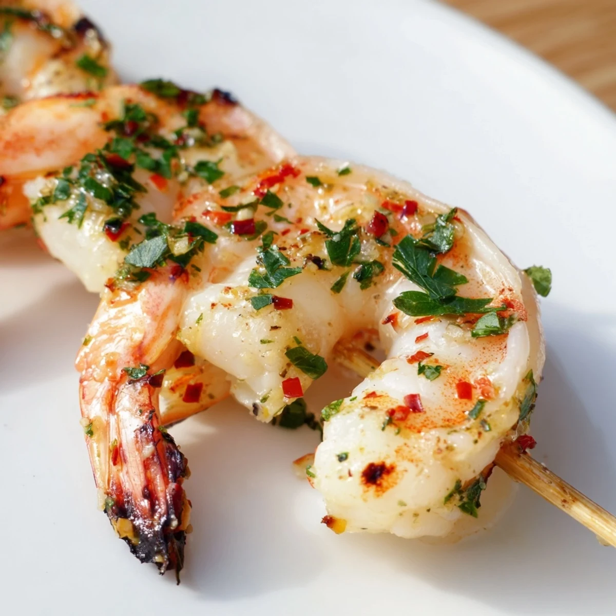 Golden Lemon Garlic Shrimp Skewers with Parsley grilled to perfection on an outdoor barbecue, served with lemon wedges.