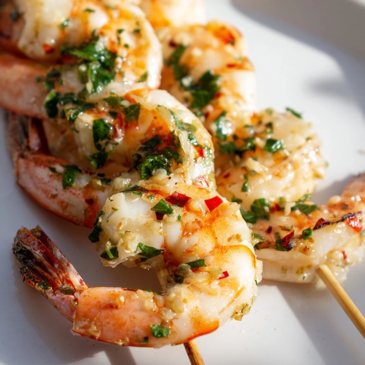 Juicy Lemon Garlic Shrimp Skewers with Parsley garnished with fresh herbs, paired with a crisp green salad for dinner.