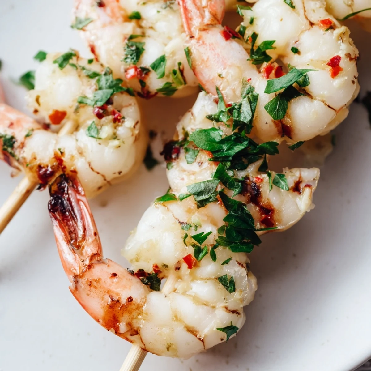 Bright Mediterranean Lemon Garlic Shrimp Skewers with Parsley lightly charred on a grill pan and ready to serve.