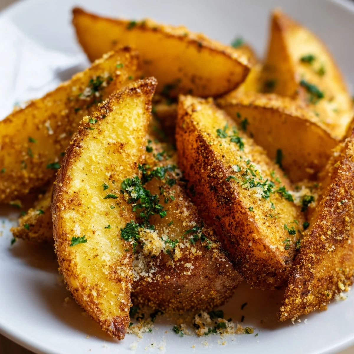Golden brown Crispy Oven Baked Potato Wedges with Herbs close-up, showing fluffy insides and a dipping sauce. 