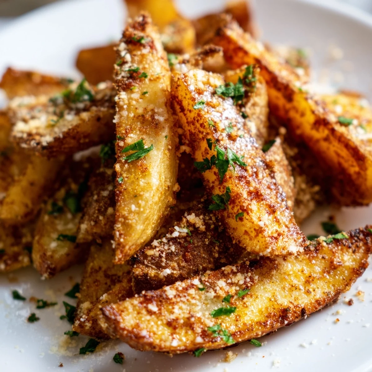 Freshly baked Crispy Oven Baked Potato Wedges with Herbs arranged on a rustic wooden platter, garnished with fresh parsley. 