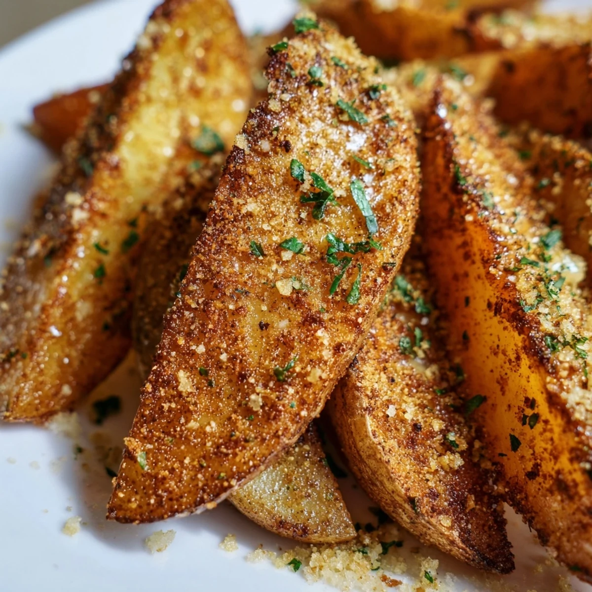 Homemade Crispy Oven Baked Potato Wedges with Herbs served as a side dish next to a juicy burger.