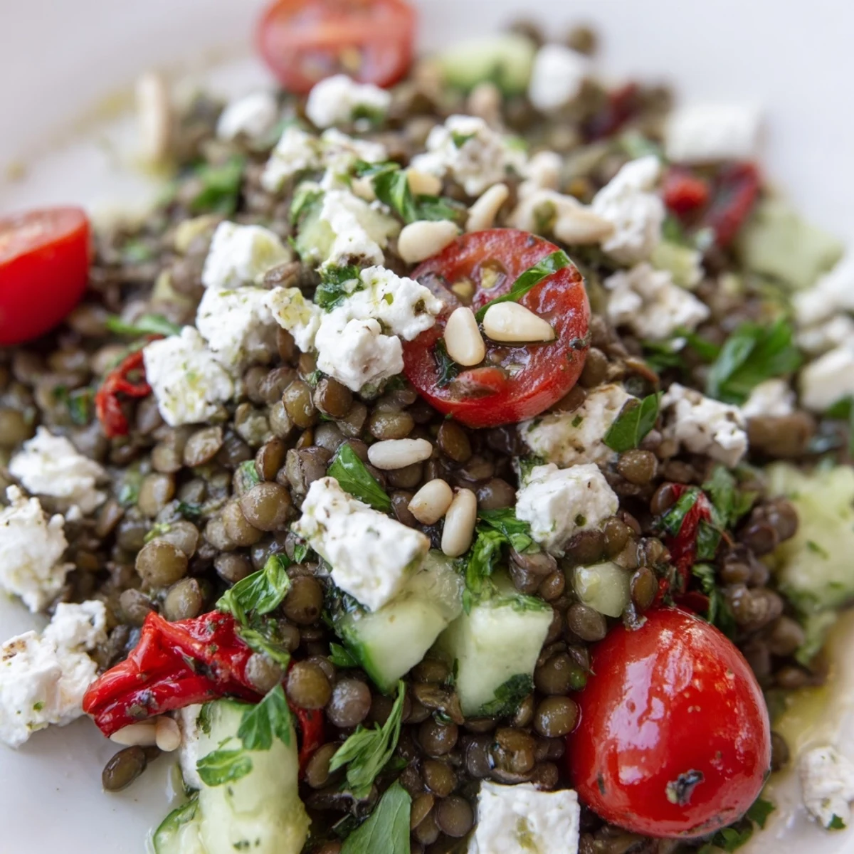 Freshly cooked green lentils, cherry tomatoes, cucumbers, and red onion tossed in a zesty lemon herb dressing, topped with crumbled Mediterranean feta cheese.