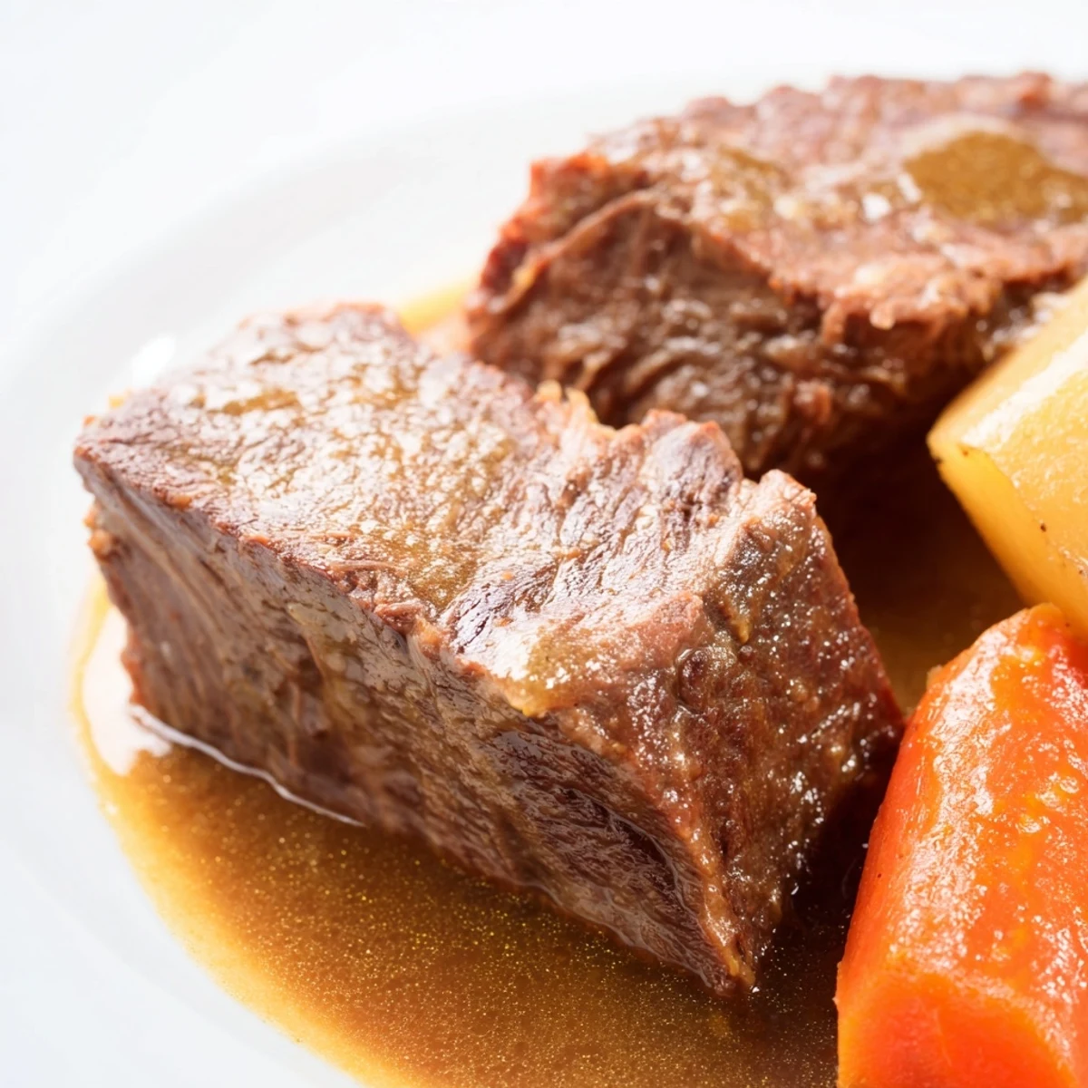Close-up of Slow Cooker Pot Roast with Carrots and Potatoes, highlighting juicy meat and glazed carrots.