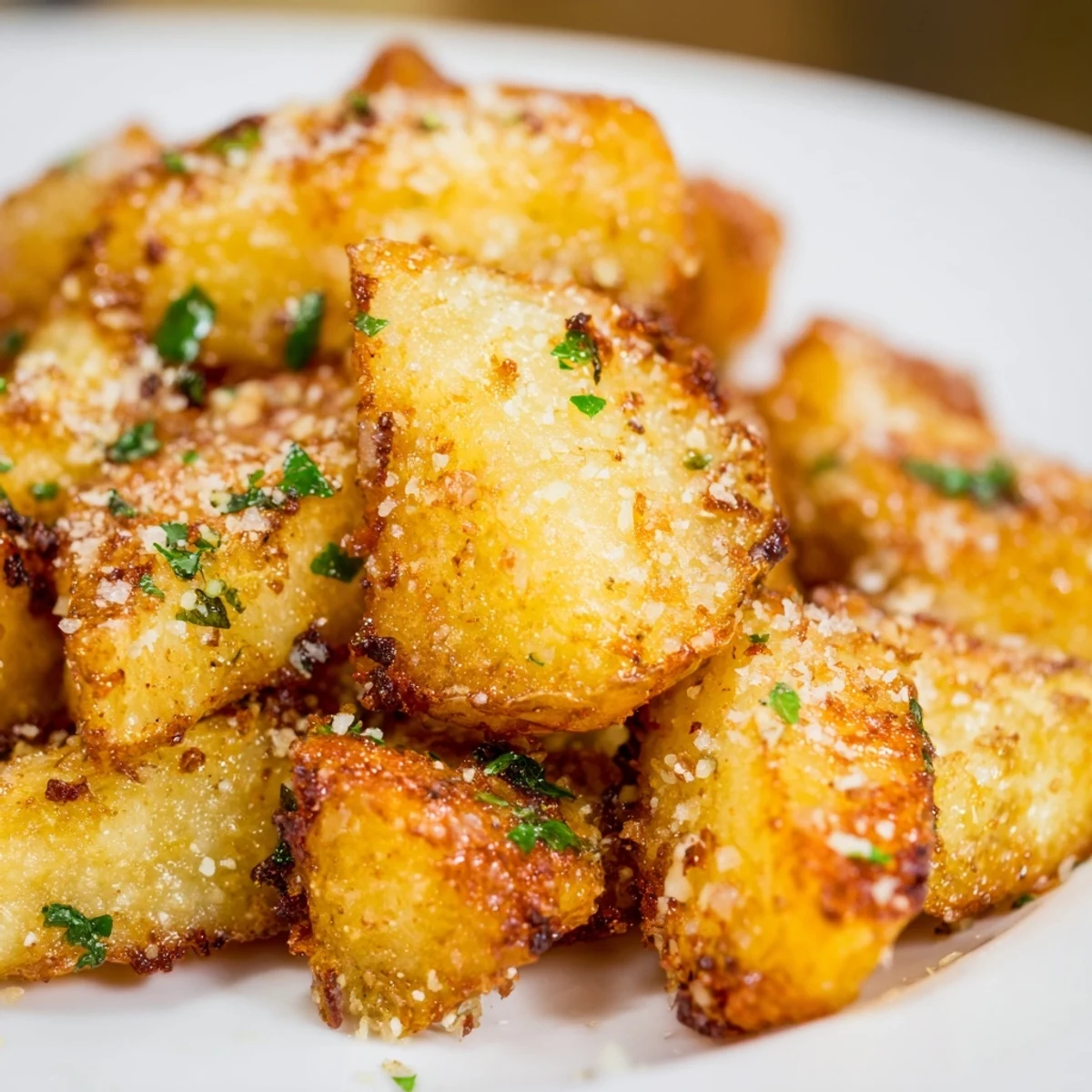 Golden, crispy Gridiron Garlic Parmesan Fries fresh from the oven, topped with melted cheese and fresh parsley.