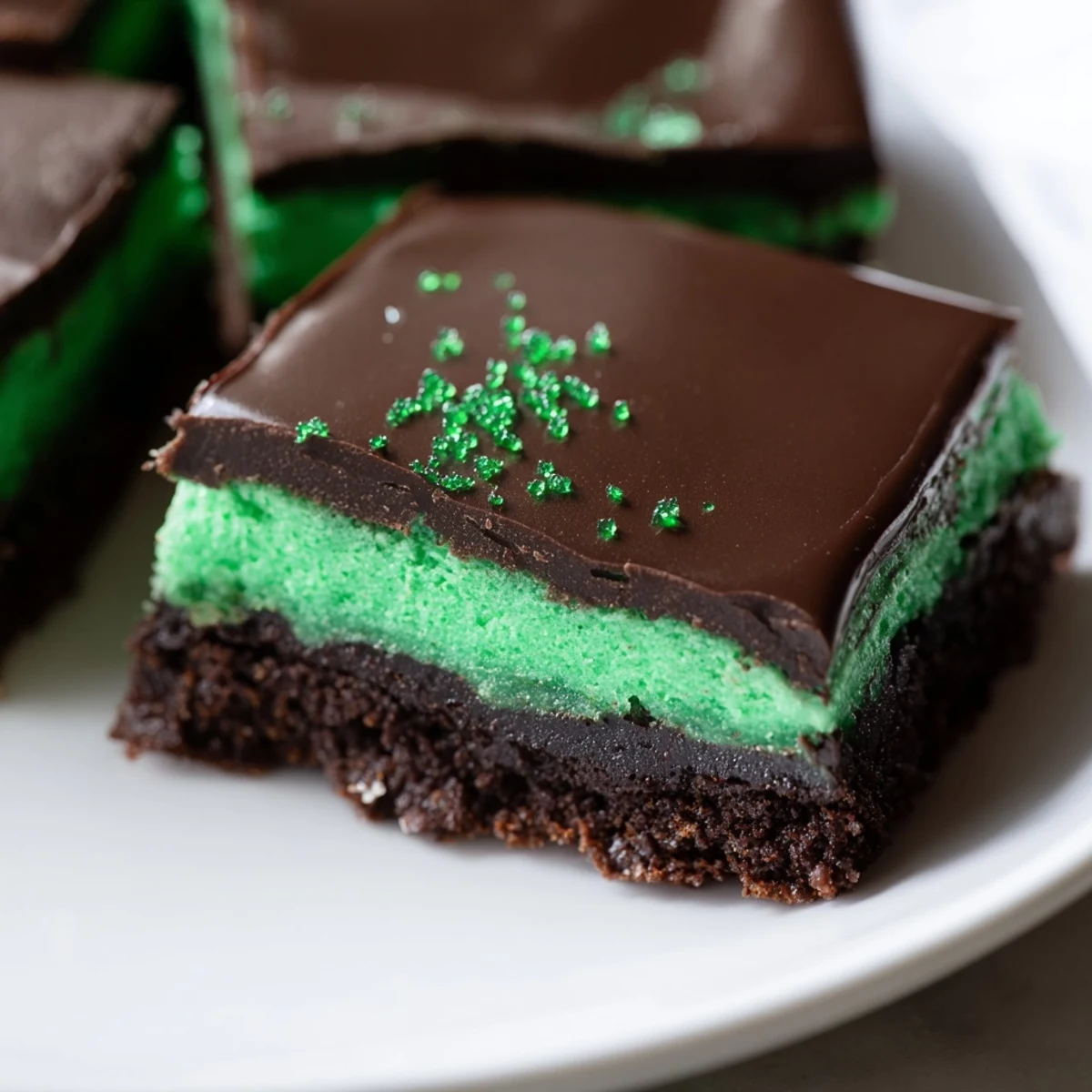 A close-up of St. Patricks Day Mint Brownies showcasing the fudgy chocolate base, vibrant green mint frosting, and glossy ganache topping.