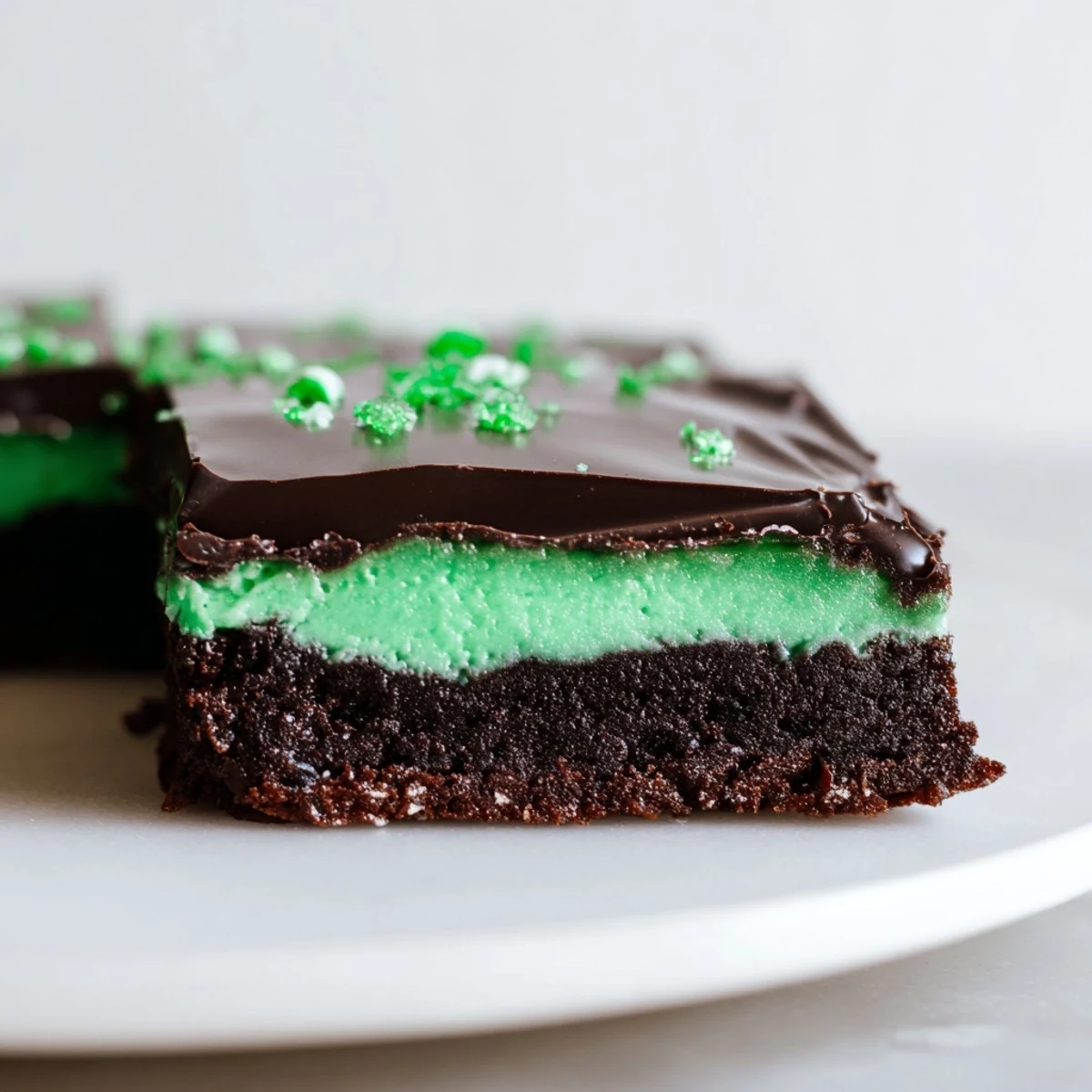 Golden-edged St. Patricks Day Mint Brownies topped with smooth chocolate ganache and a bright mint frosting, ready to serve.