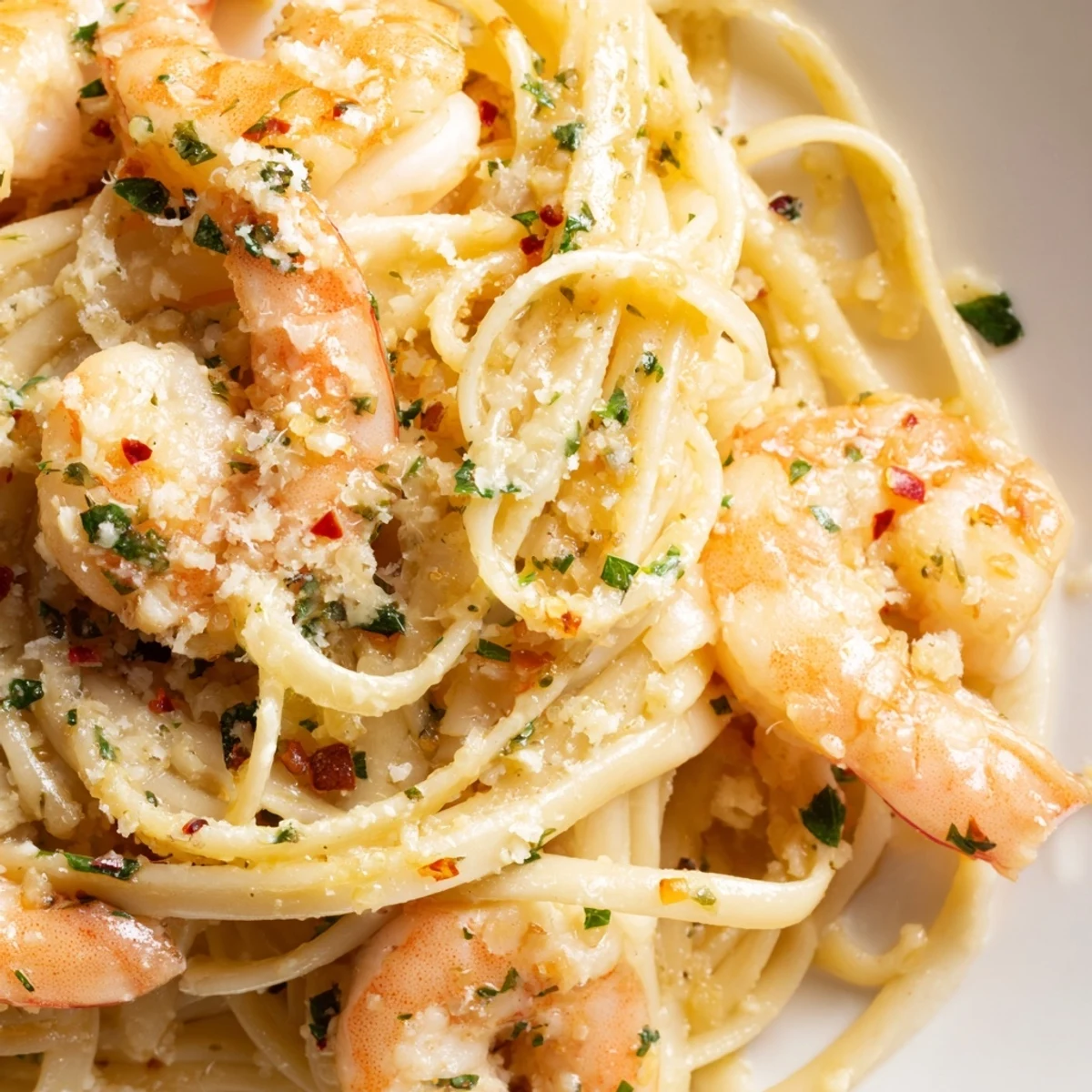 Fluffy linguine noodles are tossed with plump, pink shrimp in a glossy garlic butter and white wine sauce, garnished with fresh parsley and lemon wedges on a white ceramic plate.