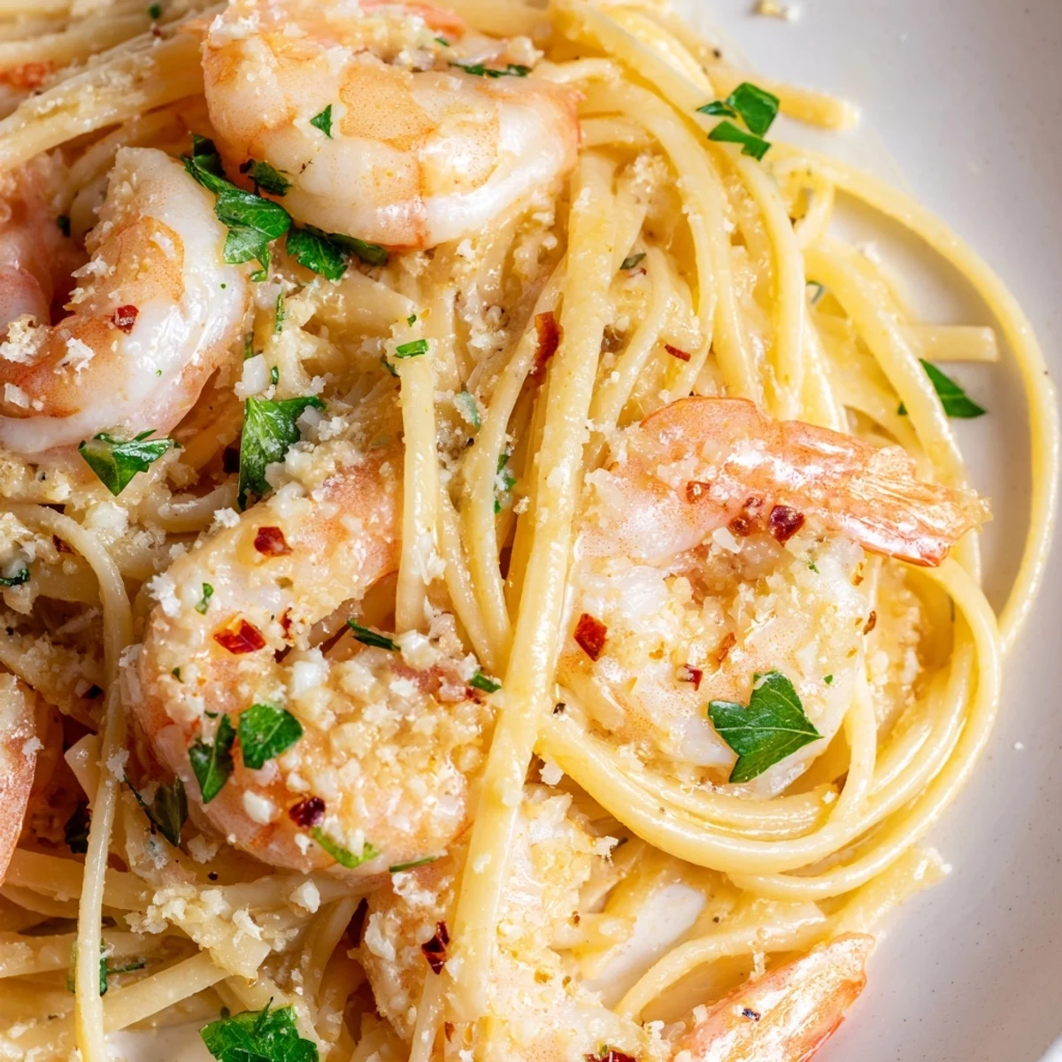 A close-up of Romantic Shrimp Scampi with Linguine, featuring juicy shrimp nestled among al dente pasta strands, steaming with aromatic garlic and lemon zest.