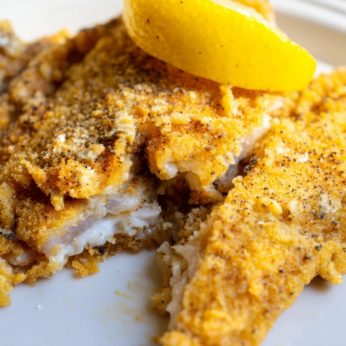 Golden-brown Louisiana Style Fried Catfish fillets with a crispy Cajun-spiced crust, served with lemon wedges.  