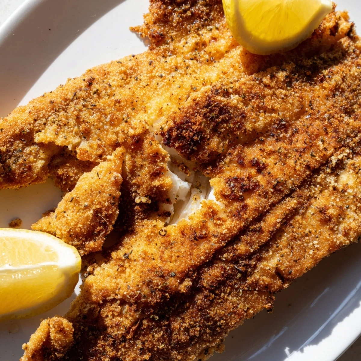 Crispy, deep-fried Louisiana Style Fried Catfish fillets on a plate beside creamy coleslaw and hush puppies.  