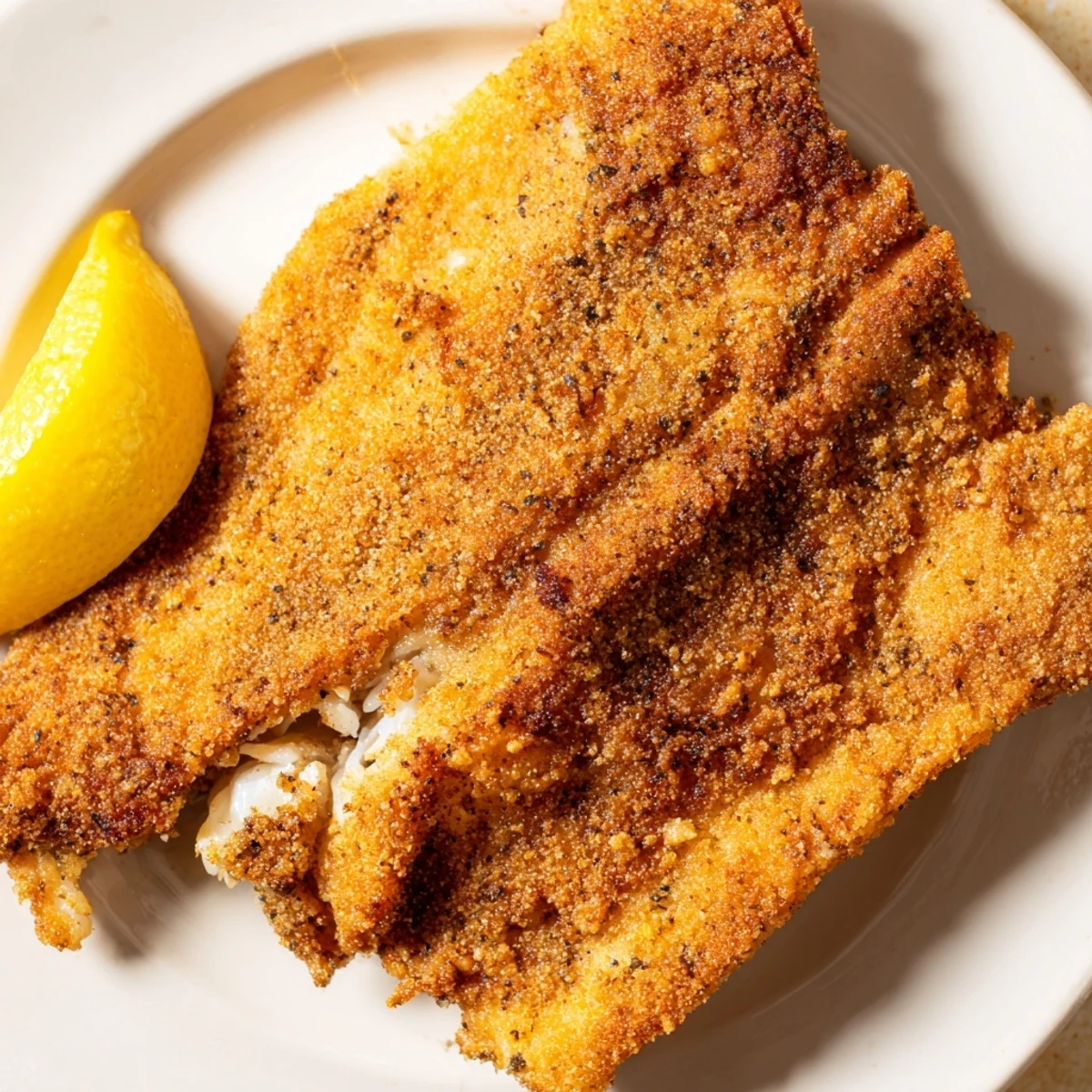 Freshly cooked Louisiana Style Fried Catfish with a crunchy cornmeal breading, paired with tartar sauce for dipping.