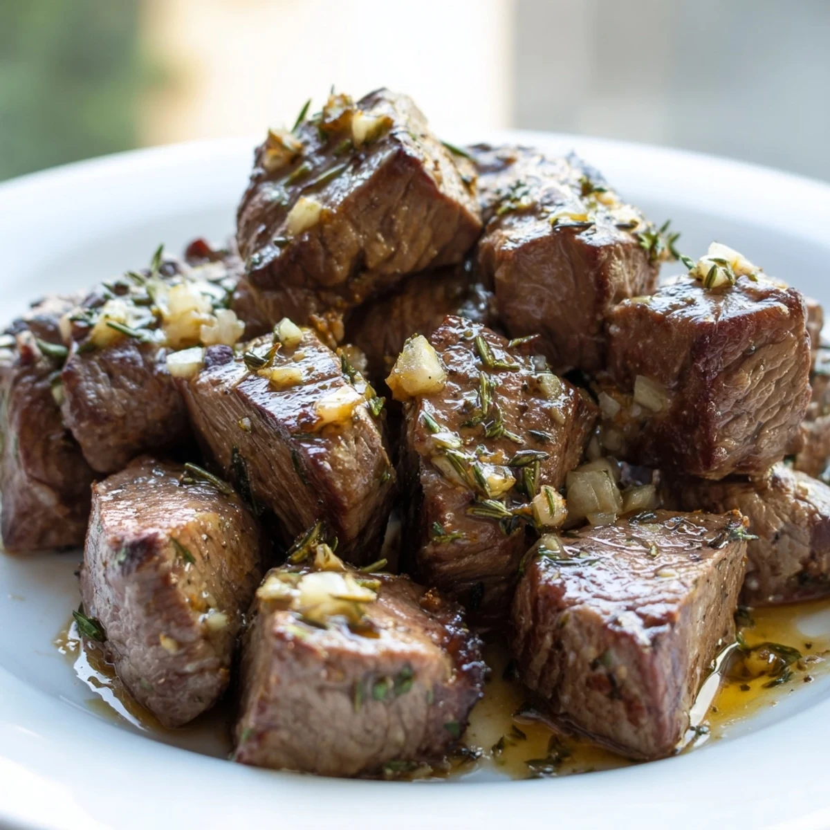 Garlic Butter Steak Bites with Herbs sizzling in a skillet, releasing aromatic steam.  