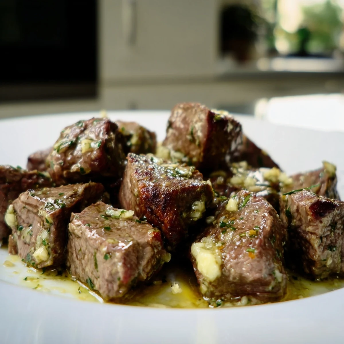 Serving suggestion: Garlic Butter Steak Bites with Herbs alongside roasted potatoes and lemon wedges.