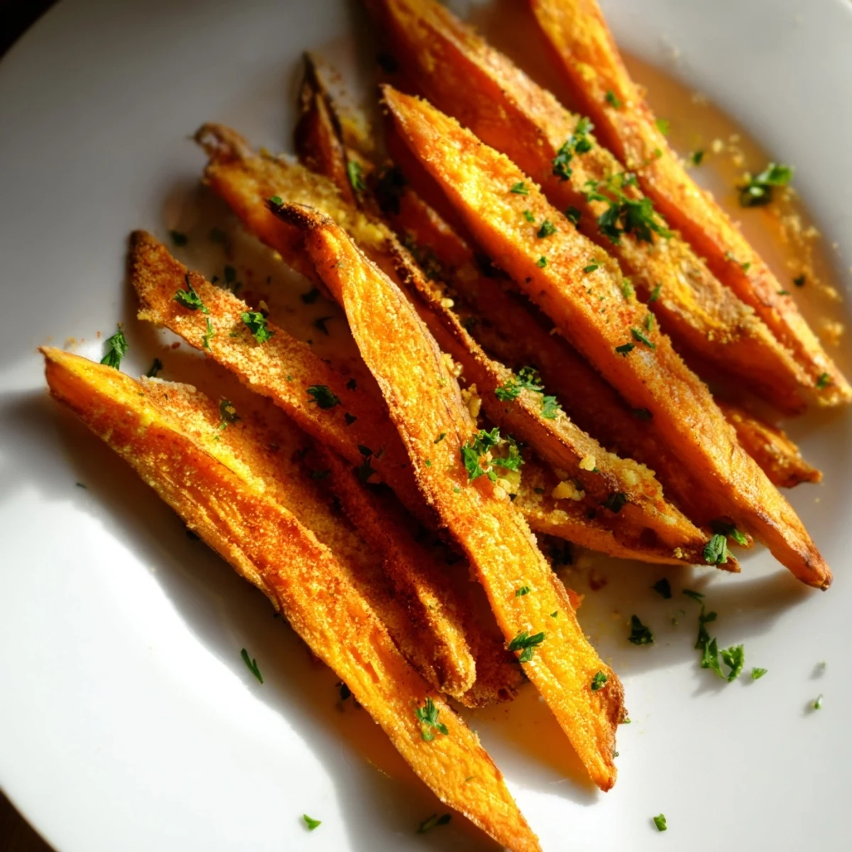 A top-down view of baked sweet potato fries, garnished with fresh parsley, perfect for dipping.  