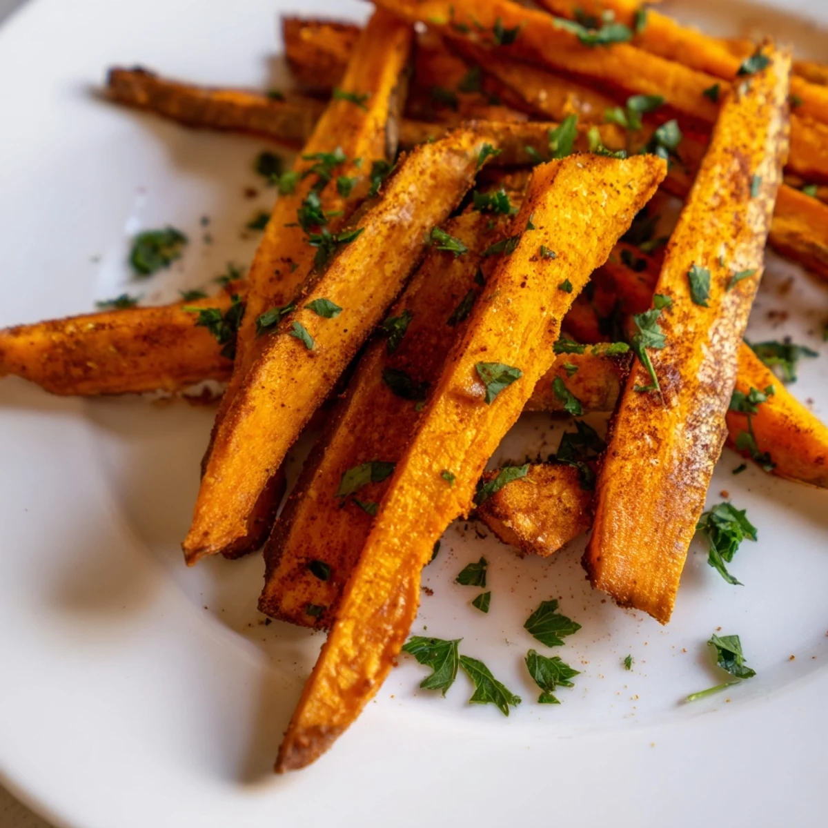 Golden, crispy oven-baked sweet potato fries with a light, seasoned crust served hot from the tray.  