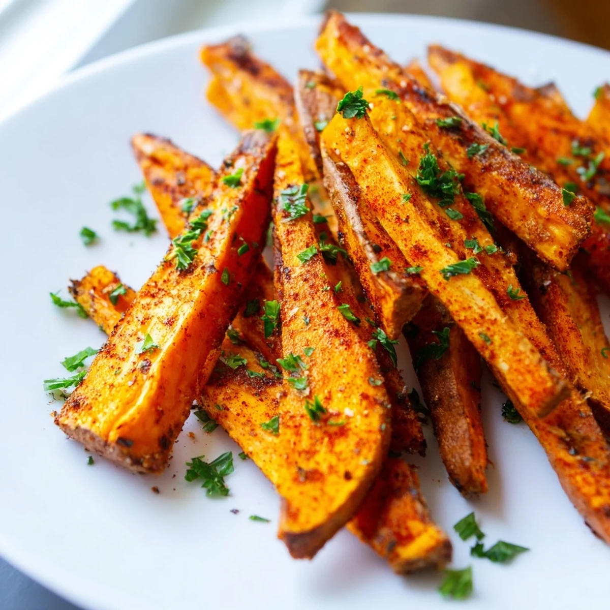Oven-roasted sweet potato fries, golden brown and seasoned, piled on a baking sheet for a healthy side.