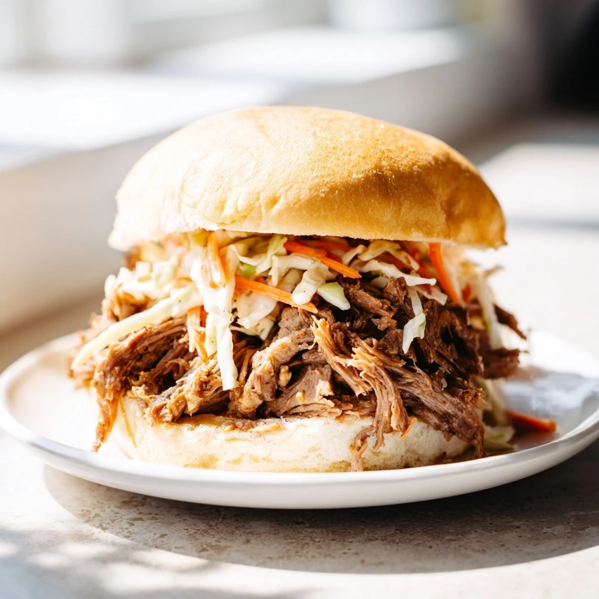 Tender shredded beef slow-cooked with spices and Worcestershire, served on soft brioche buns with pickles.