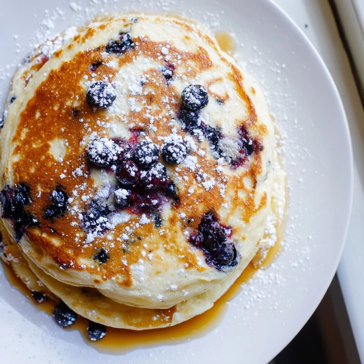 Golden-brown Lemon Blueberry Ricotta Pancakes are stacked high, showcasing fluffy, tangy interiors studded with fresh blueberries.