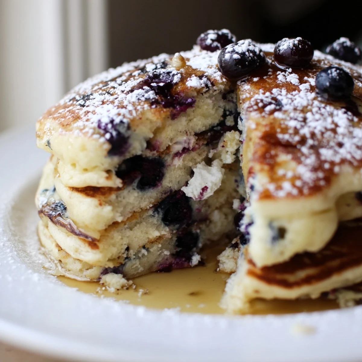 Warm Lemon Blueberry Ricotta Pancakes sit on a rustic plate, ready for a delicious breakfast or brunch served with syrup.