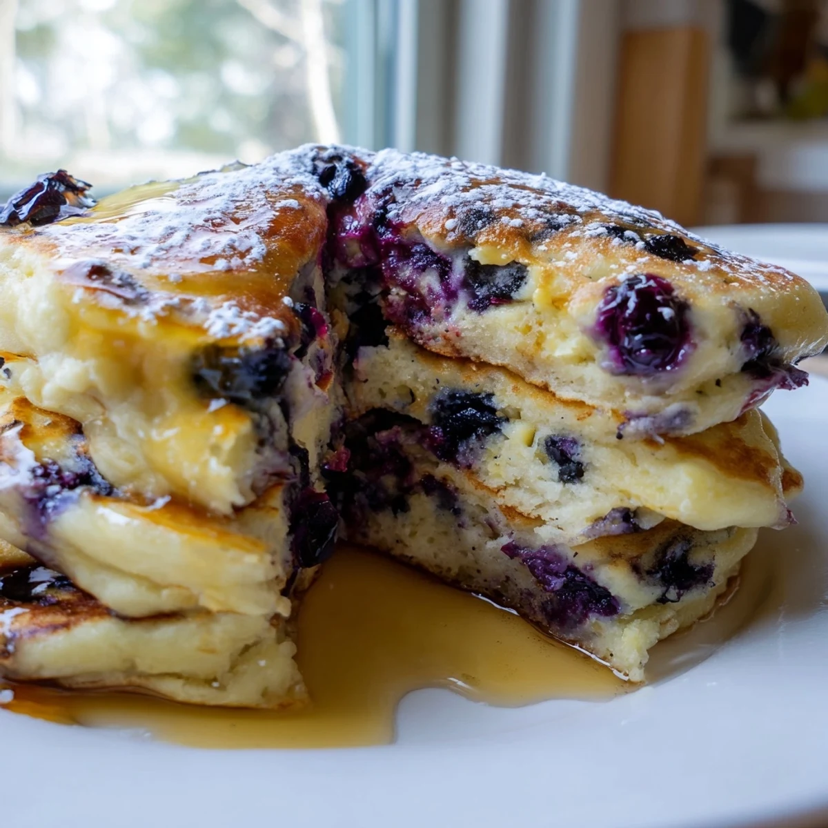 Fluffy Lemon Blueberry Ricotta Pancakes glisten with maple syrup, topped with extra blueberries and a dusting of powdered sugar.