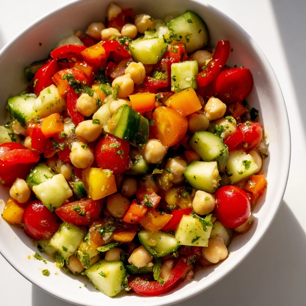 A vibrant Mediterranean Chickpea Salad with crisp cucumber, juicy tomatoes, and fresh herbs, tossed in a zesty lemon dressing.