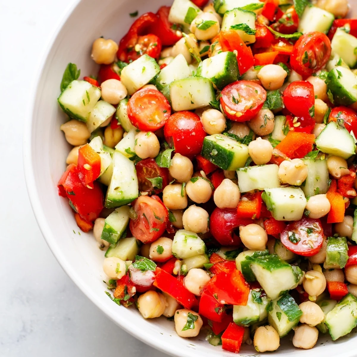 Mediterranean Chickpea Salad served in a white bowl, featuring diced cucumbers, cherry tomatoes, chickpeas, and a sprinkle of feta cheese.