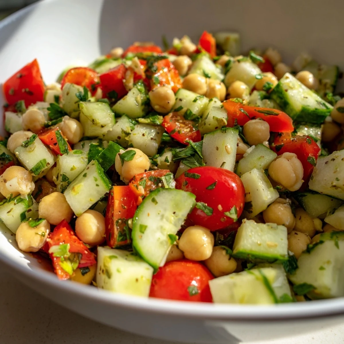 Fresh Mediterranean Chickpea Salad with cucumber and mint, drizzled with olive oil and lemon, perfect as a light lunch or side.