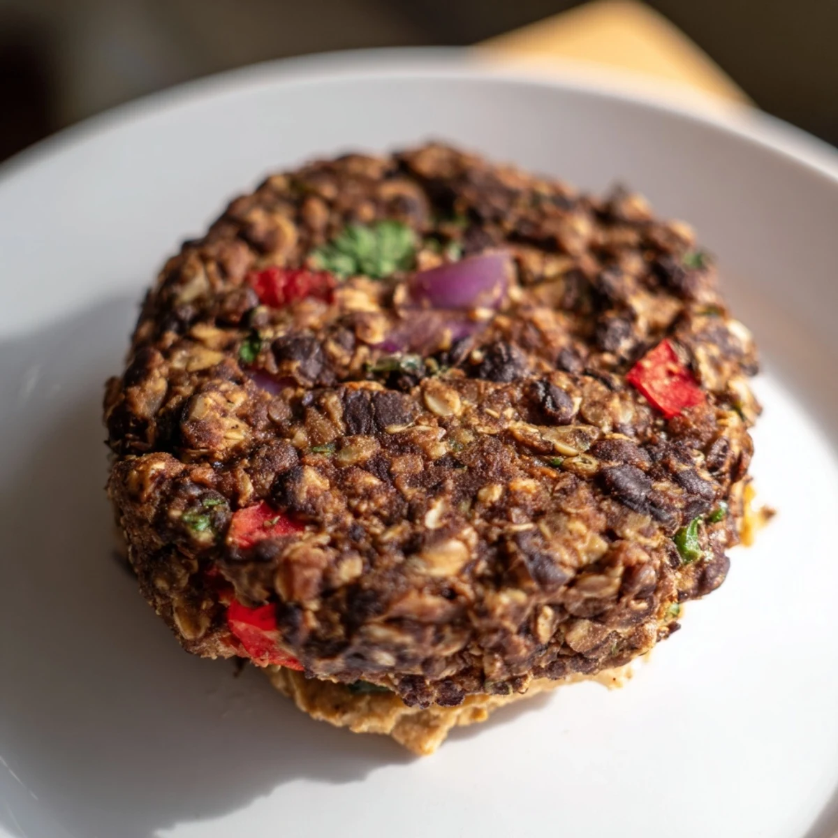 A close-up of a hearty Vegan Black Bean Burger with Chipotle Lime Mayo, showing the textured bean patty and vibrant toppings.  