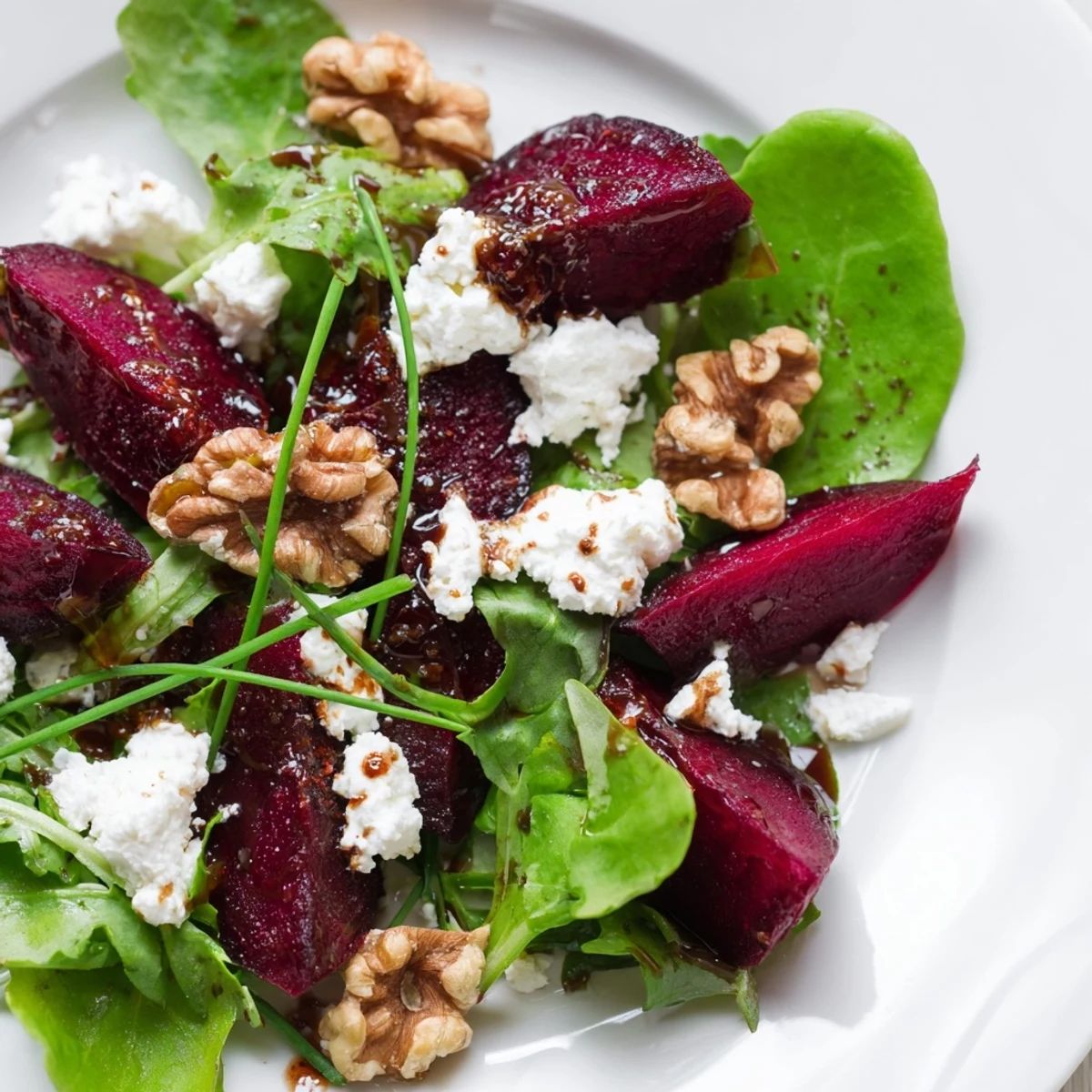 Vibrant roasted beet salad with goat cheese crumbles and toasted walnuts, tossed with peppery arugula and drizzled with tangy balsamic dressing.