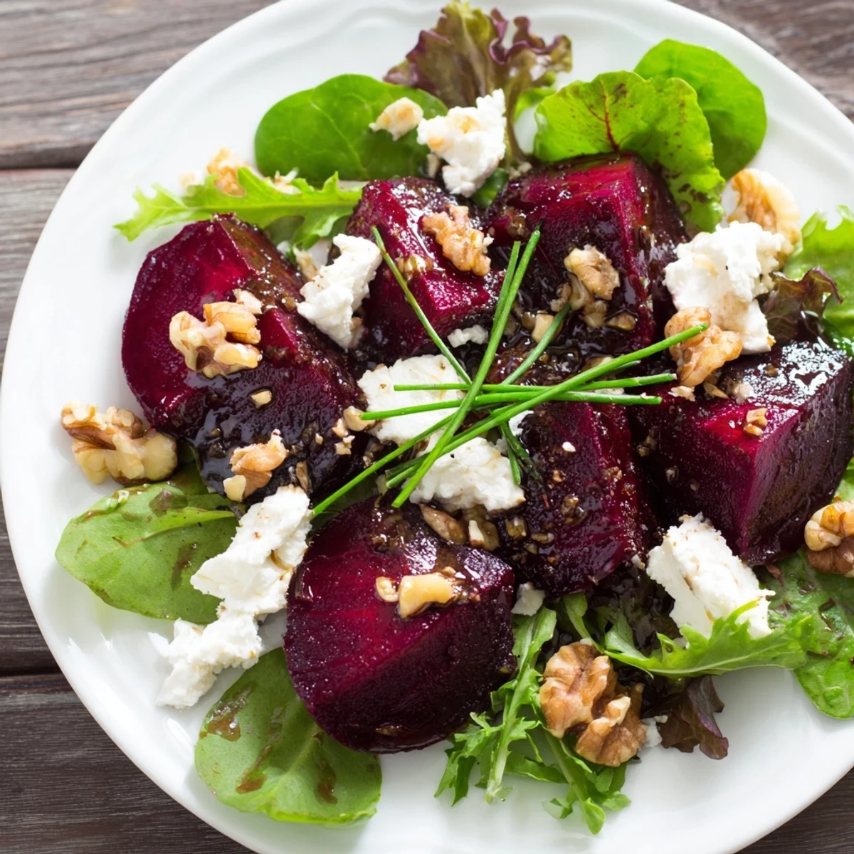 Sliced ruby-red roasted beets, creamy goat cheese, and crunchy walnuts on a bed of mixed greens, served as a light vegetarian main course.