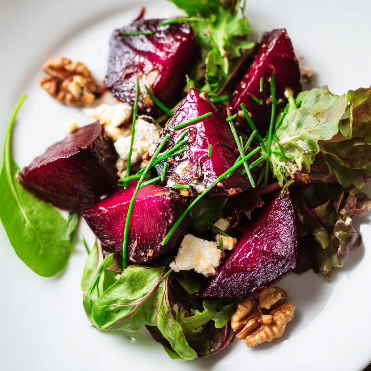 Tender golden and red roasted beets topped with crumbled goat cheese and walnuts, finished with a honey-Dijon vinaigrette for a sweet-tart finish.