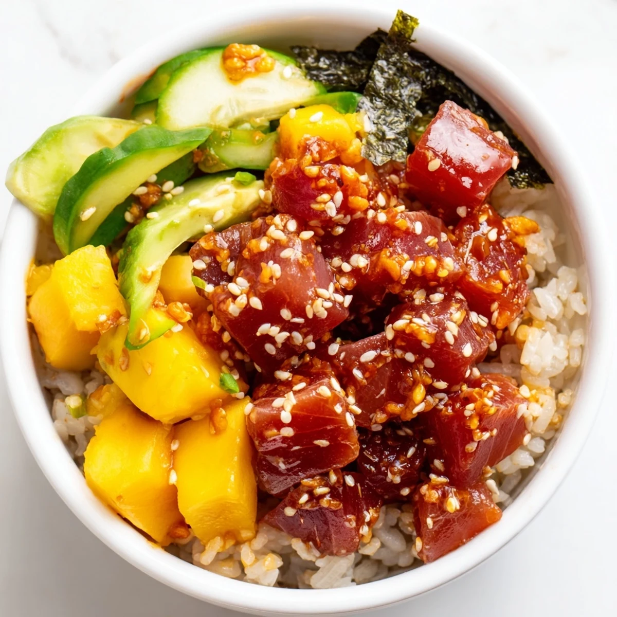 A colorful bowl of Spicy Tuna Poke Bowl with Avocado and Mango, featuring diced tuna in creamy sriracha sauce over sushi rice, topped with fresh mango, avocado, and sesame seeds.