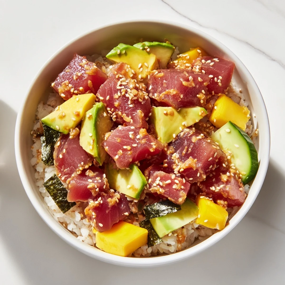 Close-up of a vibrant Spicy Tuna Poke Bowl with Avocado and Mango, showing juicy tuna cubes, creamy avocado slices, and sweet mango chunks piled high on seasoned rice with nori strips.