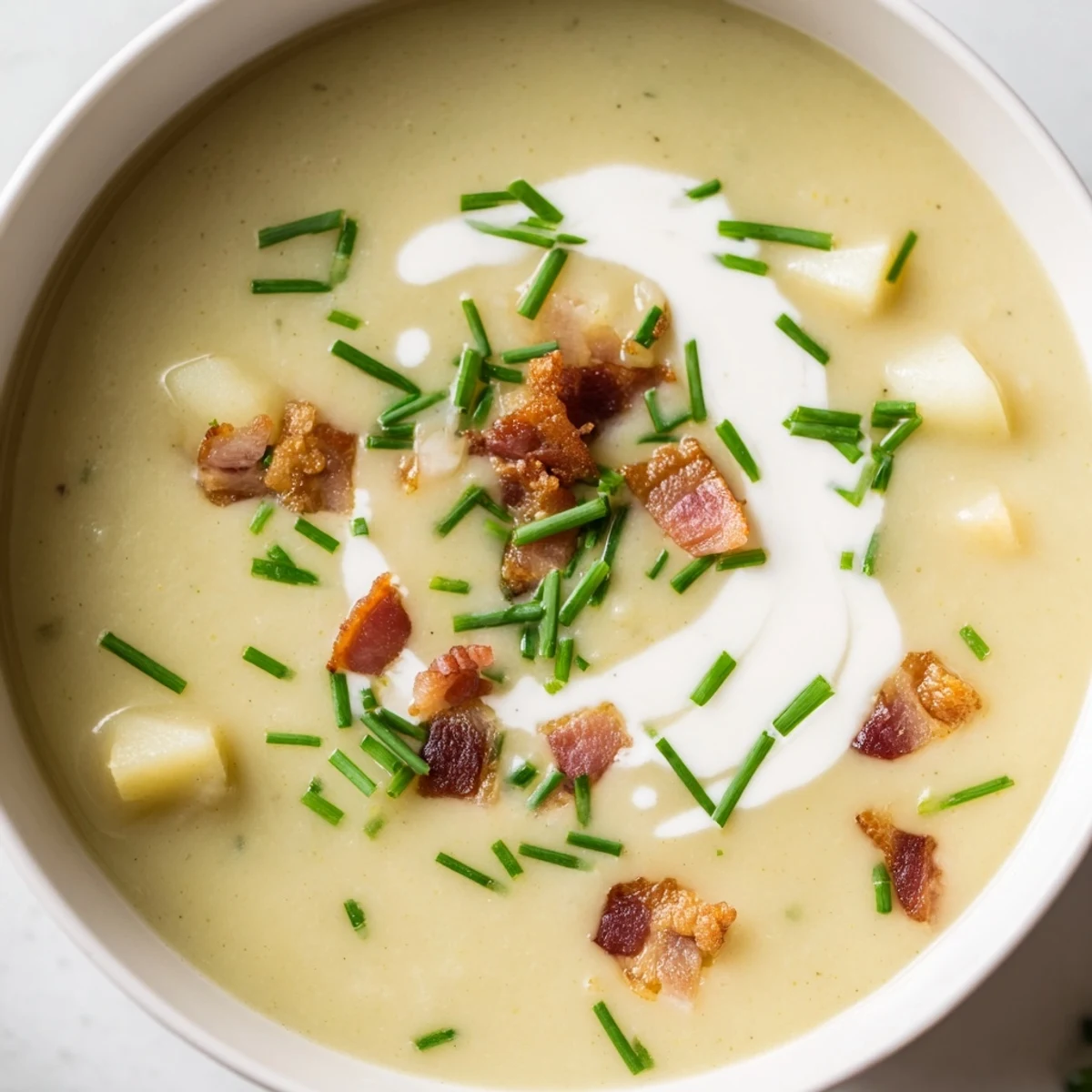 A bowl of creamy potato leek soup topped with crispy turkey bacon and fresh chives, served as a comforting American dinner.