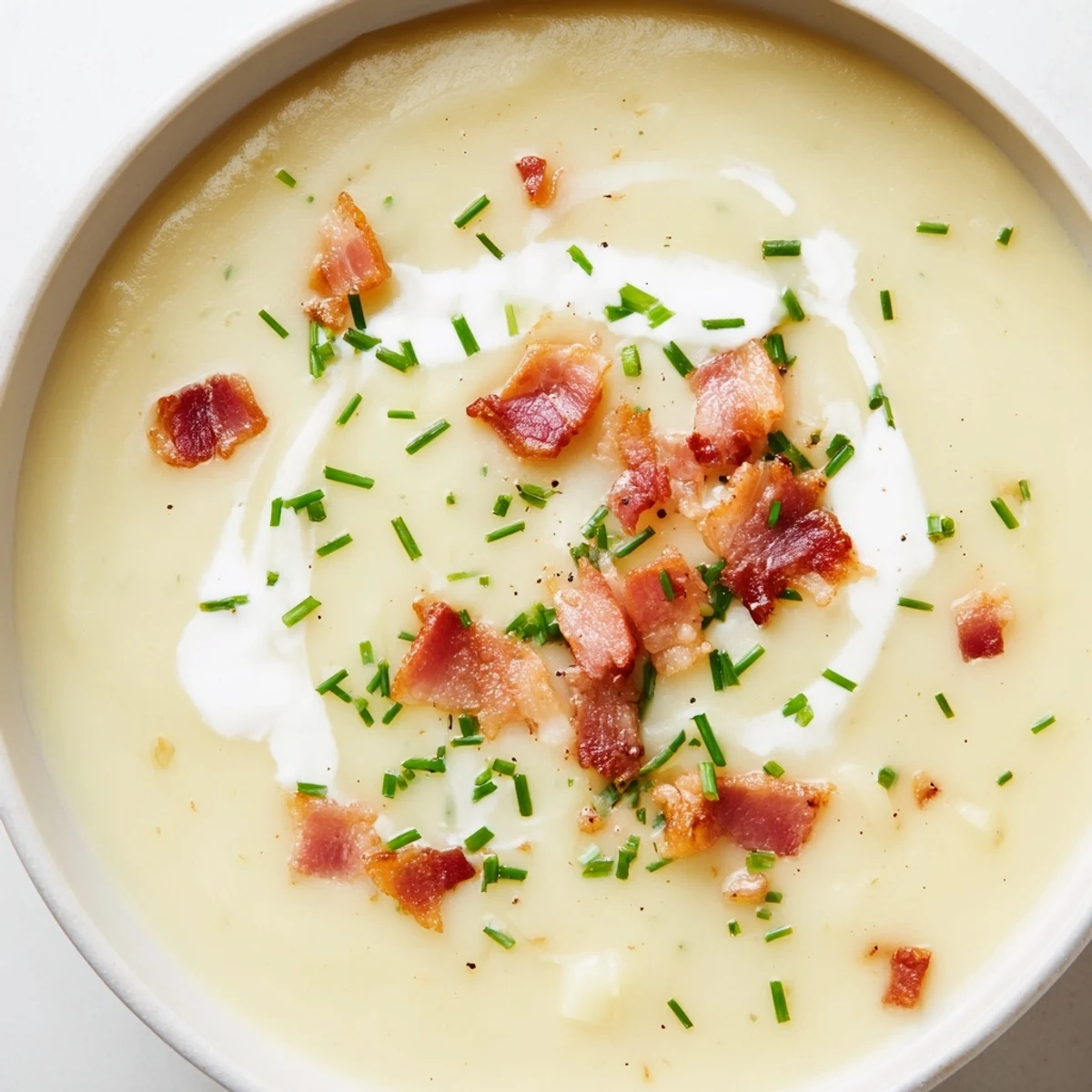 Creamy potato leek soup garnished with crunchy turkey bacon, ready to serve with a side of gluten-free bread for dipping.