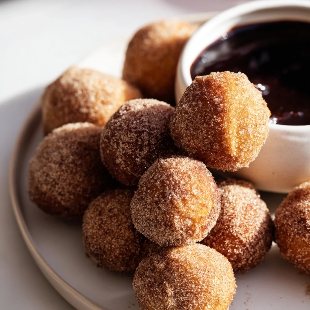 Golden-brown Cinnamon Sugar Donut Holes with Chocolate Dip arranged on a white plate, ready to share.