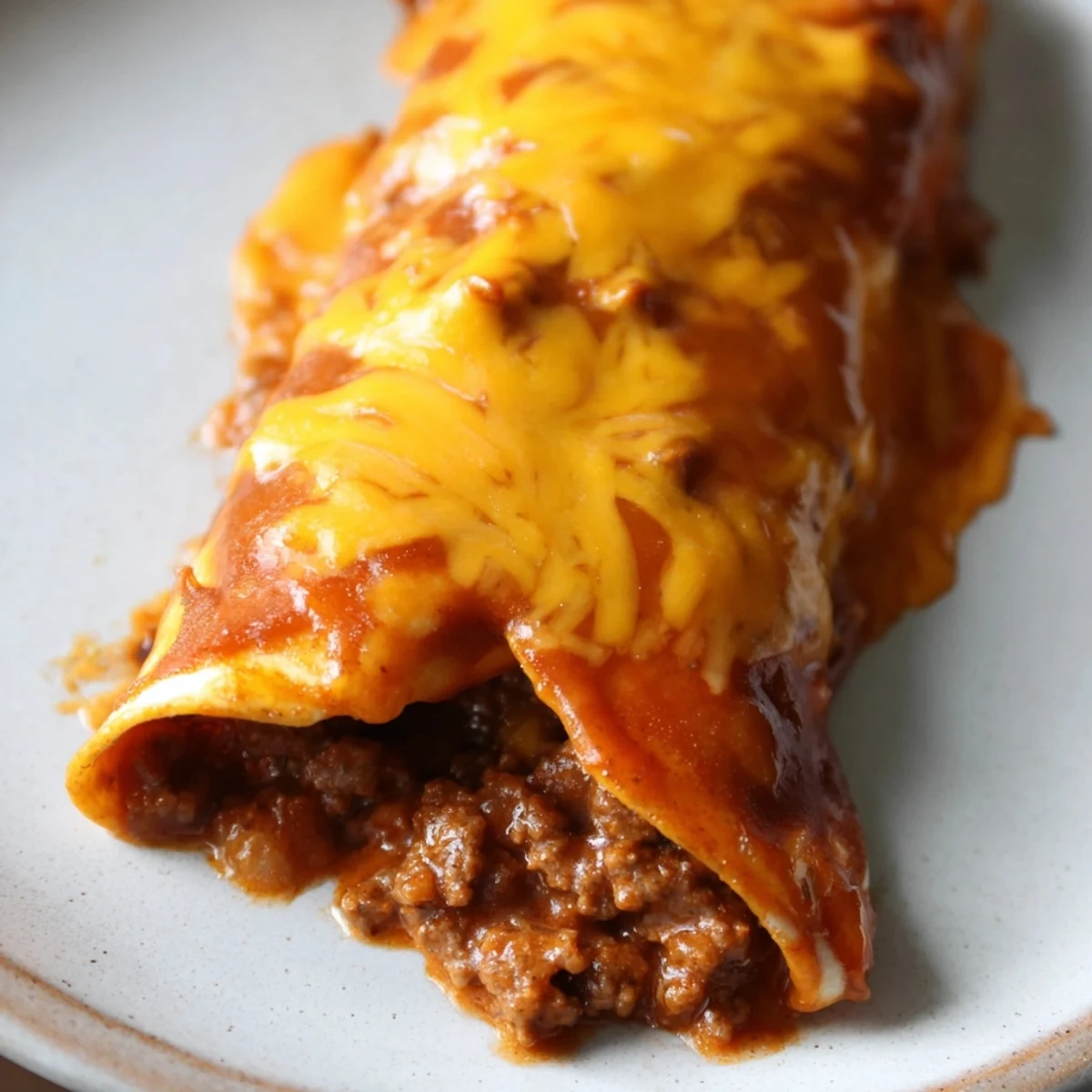 Beef Enchiladas with Red Sauce and Cheese are baked with melted cheese, cilantro garnish, and sour cream on the side.  