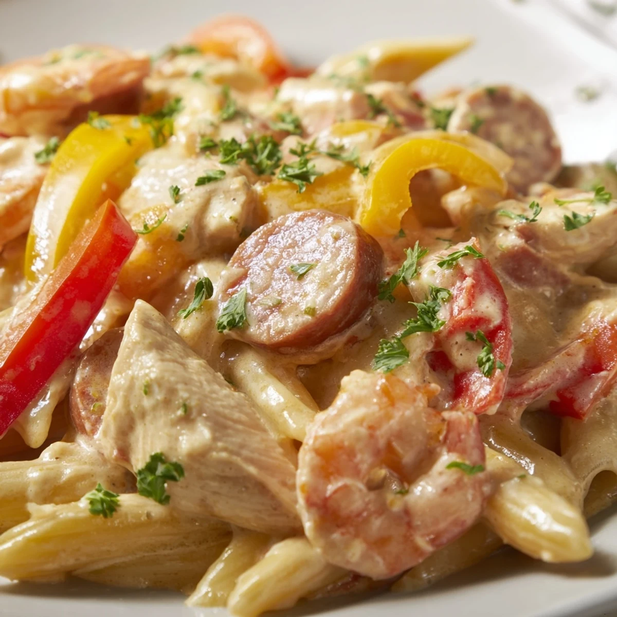 Steaming Mardi Gras Jambalaya Pasta with creamy Cajun sauce, shrimp, andouille sausage, and colorful bell peppers in a skillet.