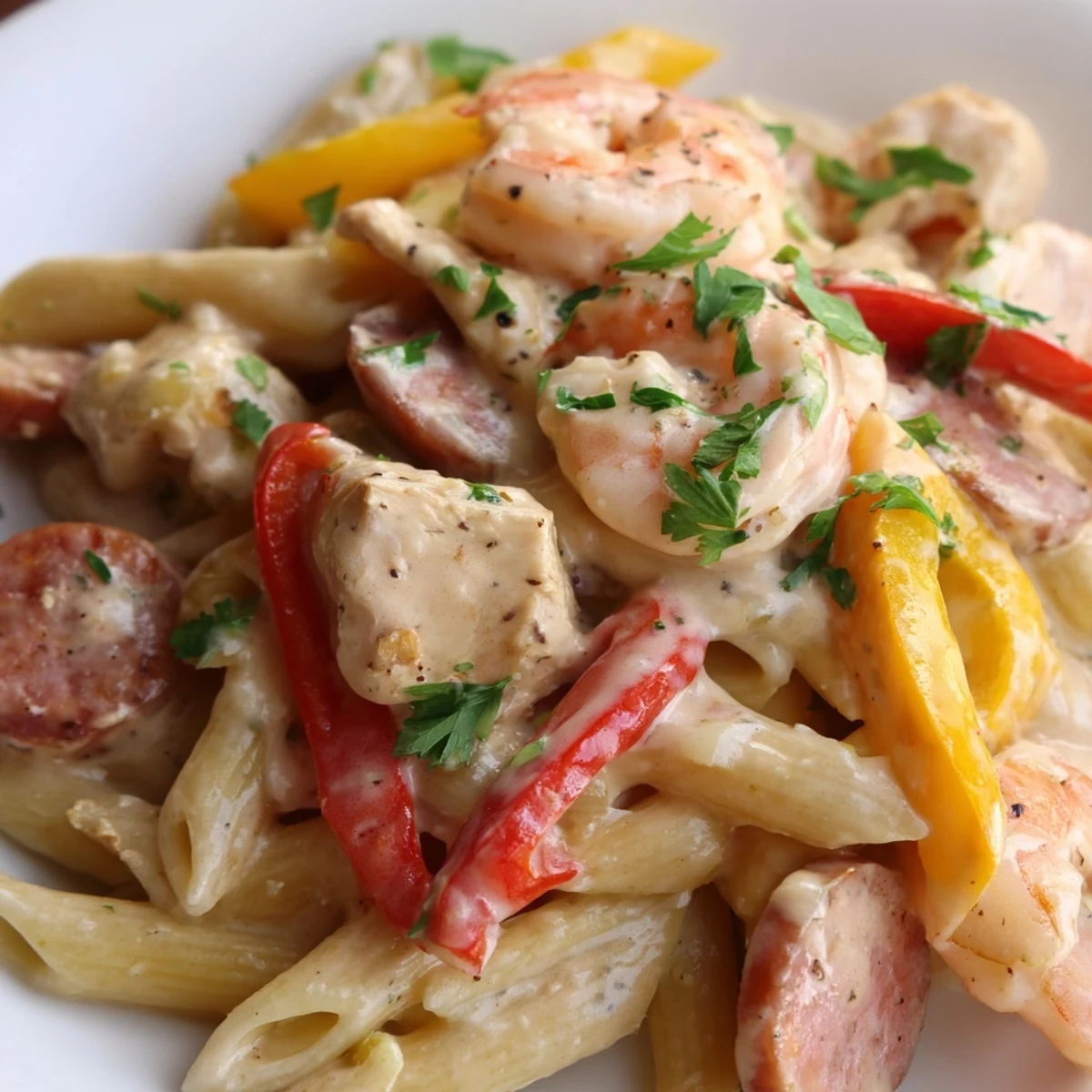 Platter of Mardi Gras Jambalaya Pasta featuring tender chicken, smoky sausage, succulent shrimp, and vibrant peppers in a creamy sauce.
