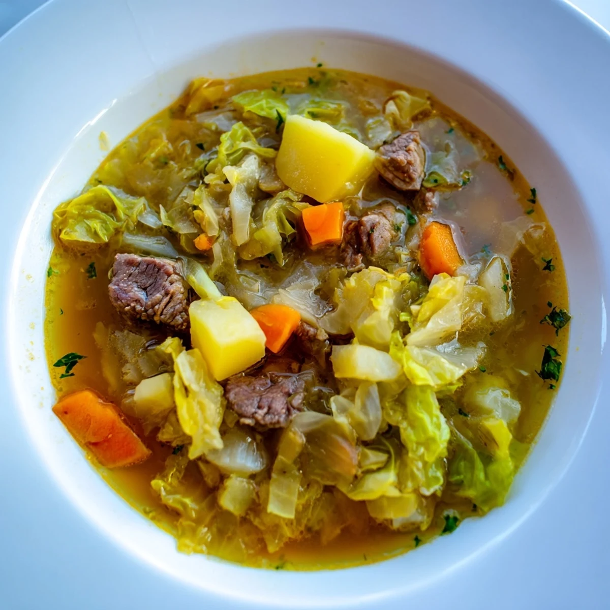 A steaming bowl of Irish Cabbage and Beef Soup showcases tender beef chunks, soft potatoes, and vibrant green cabbage in a rich, tomato-based broth.