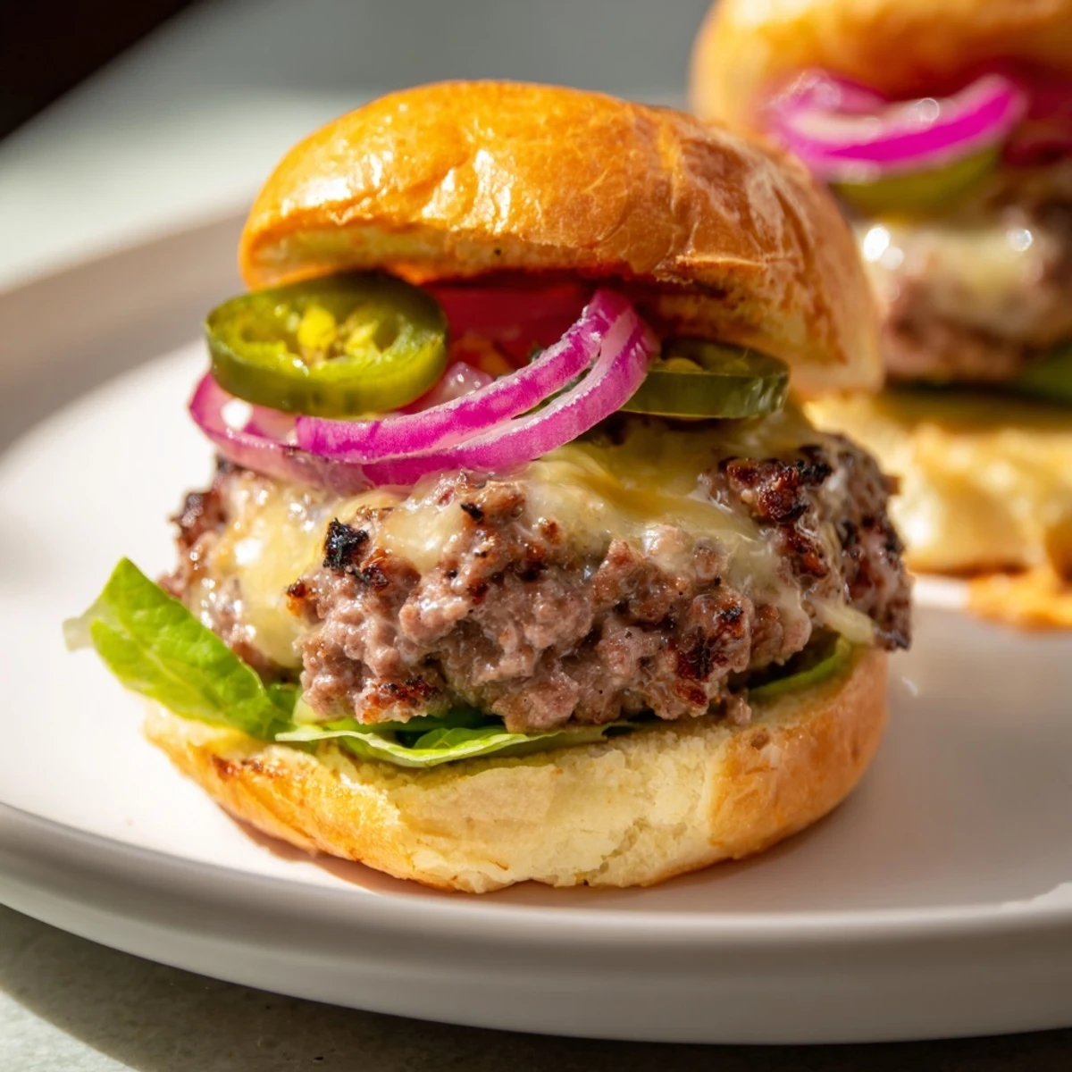 Toasted slider buns cradle a juicy, spicy beef patty topped with melted pepper jack cheese, sliced jalapeños, and red onion on a bed of crisp lettuce.