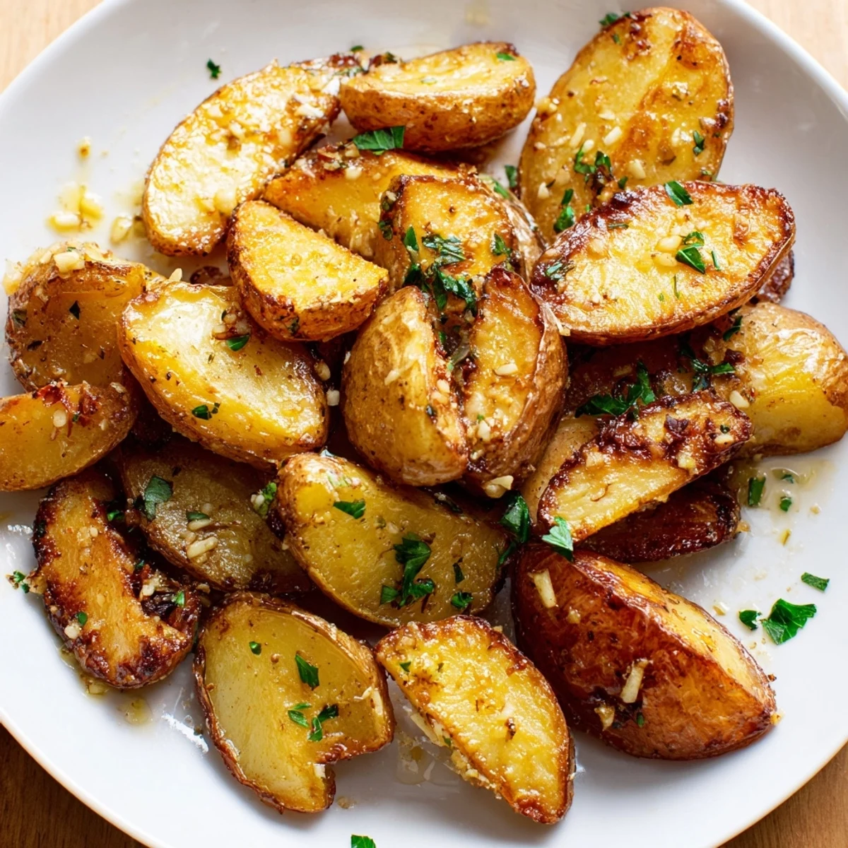Golden-brown Lemon Garlic Roasted Potatoes roasted to crispy perfection, sprinkled with fresh parsley on a white platter.