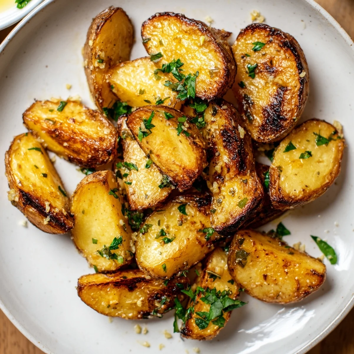 Fork-tender Lemon Garlic Roasted Potatoes marinated in olive oil and lemon juice, served hot alongside grilled chicken.