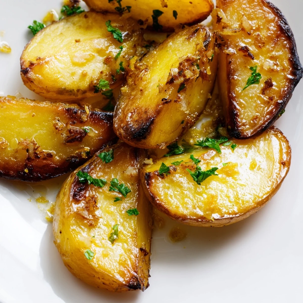 Roasted potatoes with lemon zest and garlic, baked until golden and crisp, a vegetarian Mediterranean side dish.