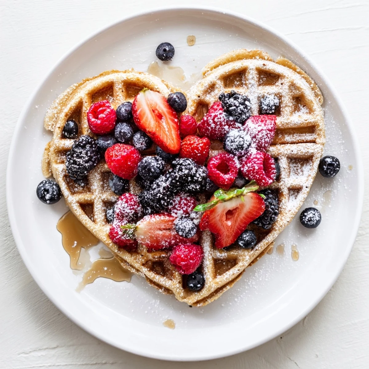 Drizzling maple syrup over heart shaped waffles served with whipped cream and fresh fruit.