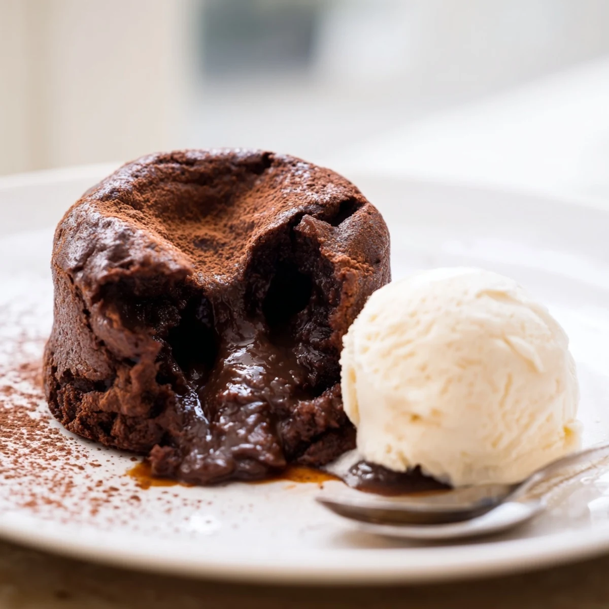 Warm chocolate lava cakes sit on white plates, topped with a scoop of vanilla ice cream and a fresh raspberry garnish.